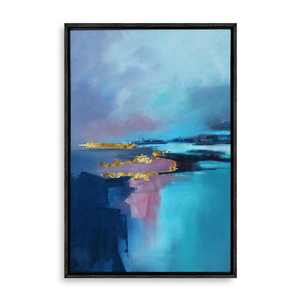 wall26 Framed Canvas Print Wall Art Gold Foilwith Blue Watercolor Paint ...