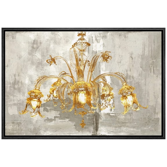 wall26 Framed Canvas Print Wall Art Gray Paint Stroke Fancy Gold Chandelier Decorative Lights Digital Art Realism Contemporary Chic Relax/Calm for Living Room, Bedroom, Office - 24"x36" Bla