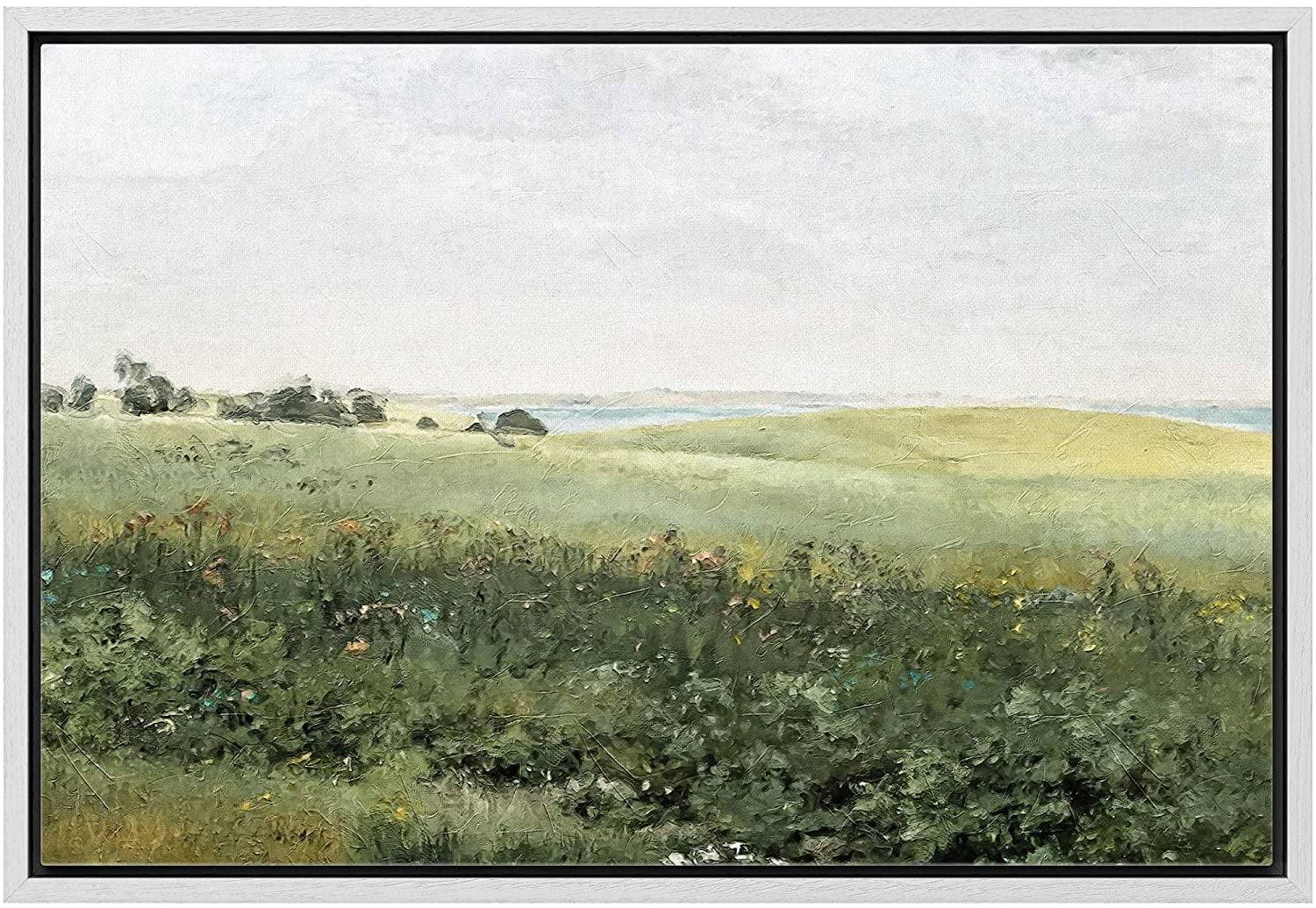White Framed Green Meadow Landscape Canvas Print