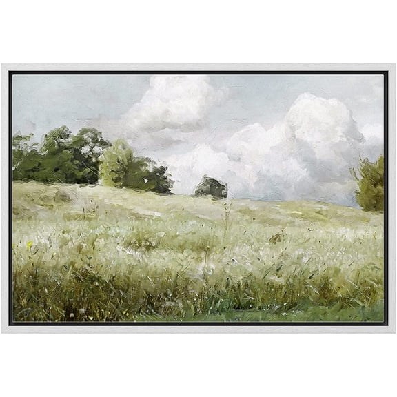 wall26 Framed Canvas Print Wall Art Green Meadow Under Stormy Clouds Nature Wilderness Illustrations Modern Rustic Colorful Multicolor for Living Room, Bedroom, Office - 16"x24"White