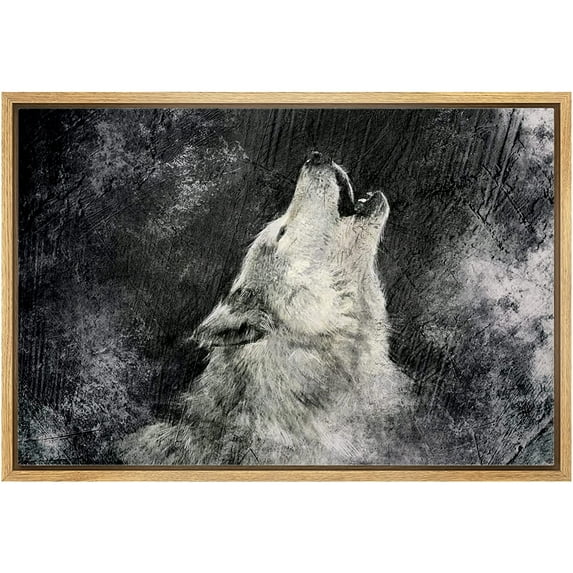 wall26 Framed Canvas Print Wall Art Howling Wolf on Grunge Black Background Animals Wildlife Digital Art Realism Chic Scenic Nature Wilderness for Living Room, Bedroom, Office - 24"x36" Nat