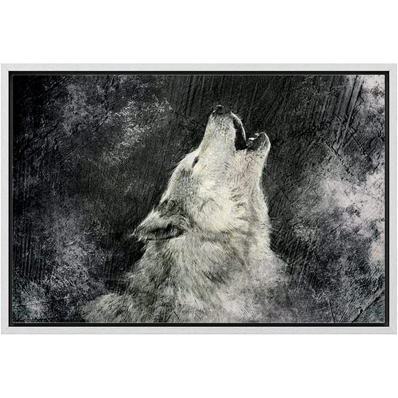 wall26 Framed Canvas Print Wall Art Howling Wolf on Grunge Black Background Animals Wildlife Digital Art Realism Chic Scenic Nature Wilderness for Living Room, Bedroom, Office - 16"x24" Whi