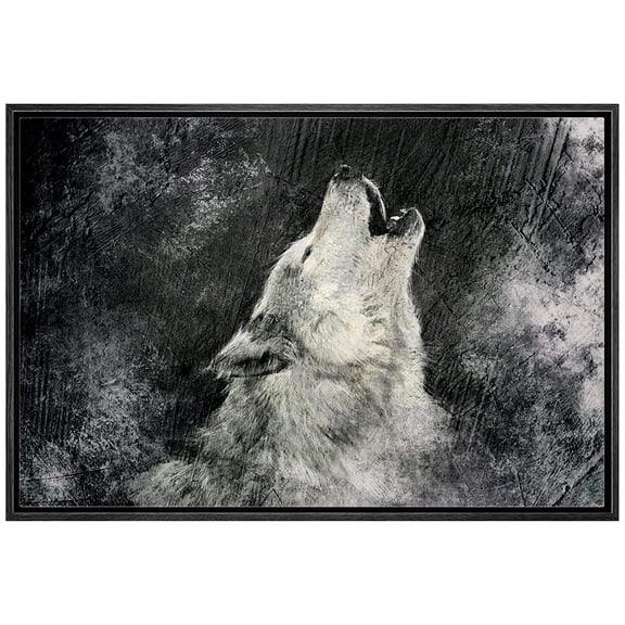wall26 Framed Canvas Print Wall Art Howling Wolf on Grunge Black Background Animals Wildlife Digital Art Realism Chic Scenic Nature Wilderness for Living Room, Bedroom, Office - 16"x24" Bla