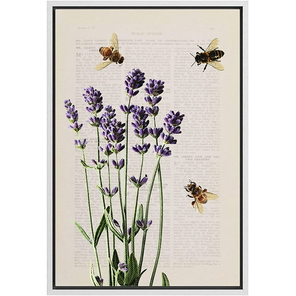 wall26 Framed Framed Canvas Print Wall Art Lavender Flowers with Bees and Newspaper Print Floral Botanical Digital Art Modern Chic Scenic Colorful for Living Room, Bedroom, Office - 24"x36"