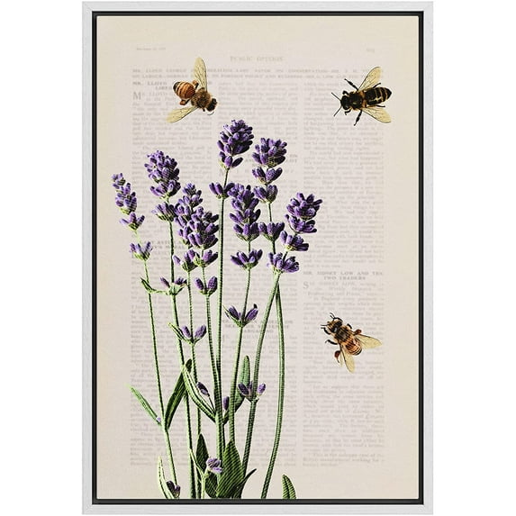wall26 Framed Framed Canvas Print Wall Art Lavender Flowers with Bees and Newspaper Print Floral Botanical Digital Art Modern Chic Scenic Colorful for Living Room, Bedroom, Office - 24"x36"