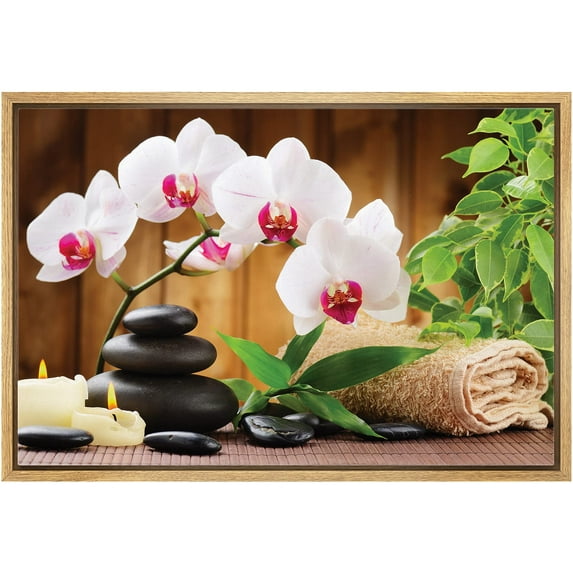 wall26 Framed Canvas Print Wall Art Magnolia Flowers with Massage Rocks &amp; Candles Floral Nature Photography Realism Zen Relax/Calm Multicolor Ultra for Living Room, Bedroom, Office - 16"x24&