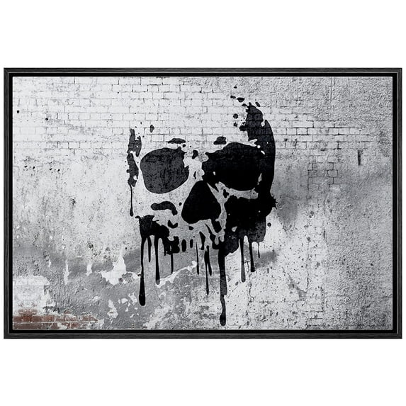 wall26 Framed Canvas Print Wall Art Melting Skull on Gritty Gray City Wall Abstract Shapes Digital Art Graffiti & Street Art Scenic Cityscape for Living Room, Bedroom, Office - 16"x24"