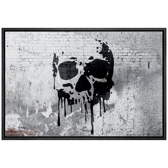 wall26 Framed Canvas Print Wall Art Melting Skull on Gritty Gray City Wall Abstract Shapes Digital Art Graffiti & Street Art Scenic Cityscape for Living Room, Bedroom, Office - 24"x36"