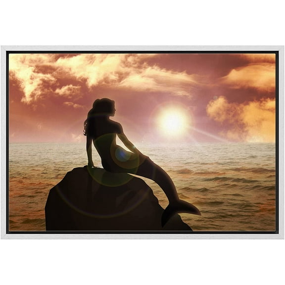 wall26 Framed Canvas Print Wall Art Mermaid on a Rock at Sunset Fantasy &amp; Sci-Fi Ocean Illustrations Modern Art Nautical Scenic Colorful Ultra for Living Room, Bedroom, Office - 24"x36"