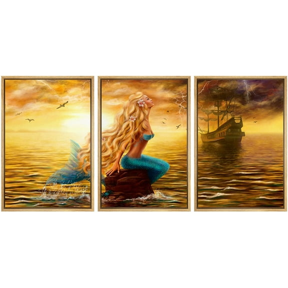 wall26 Framed Canvas Print Wall Art Mermaid &amp; Ghost Ship in Sunset Seascape Nature Wilderness Illustrations Realism Rustic Scenic Colorful for Living Room, Bedroom, Office - 16"x24"x3 N