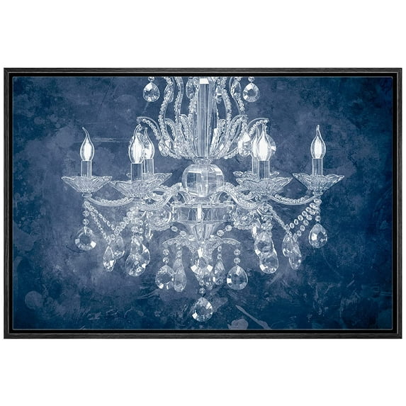 wall26 Framed Canvas Print Wall Art Navy Blue Fancy White Crystal Chandelier Decorative Lights Digital Art Realism Contemporary Chic Relax/Calm for Living Room, Bedroom, Office - 16"x24" Bl
