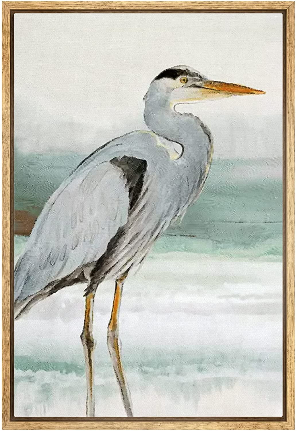 Natural Framed Canvas Print of Crane Bird in Pastel Beach Scene