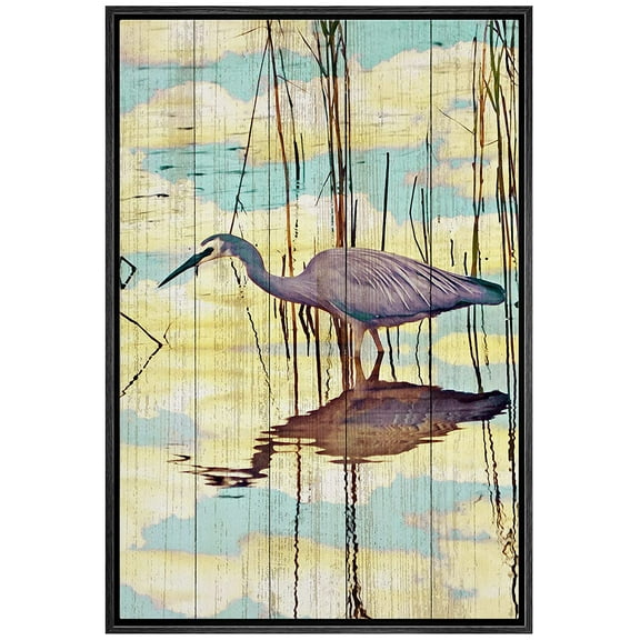 wall26 Framed Canvas Print Wall Art Pastel Blue Cloud Sky Crane Bird Swamp Nature Wilderness Illustrations Modern Art Decorative Rustic Relax/Calm for Living Room, Bedroom, Office - 24"x36"