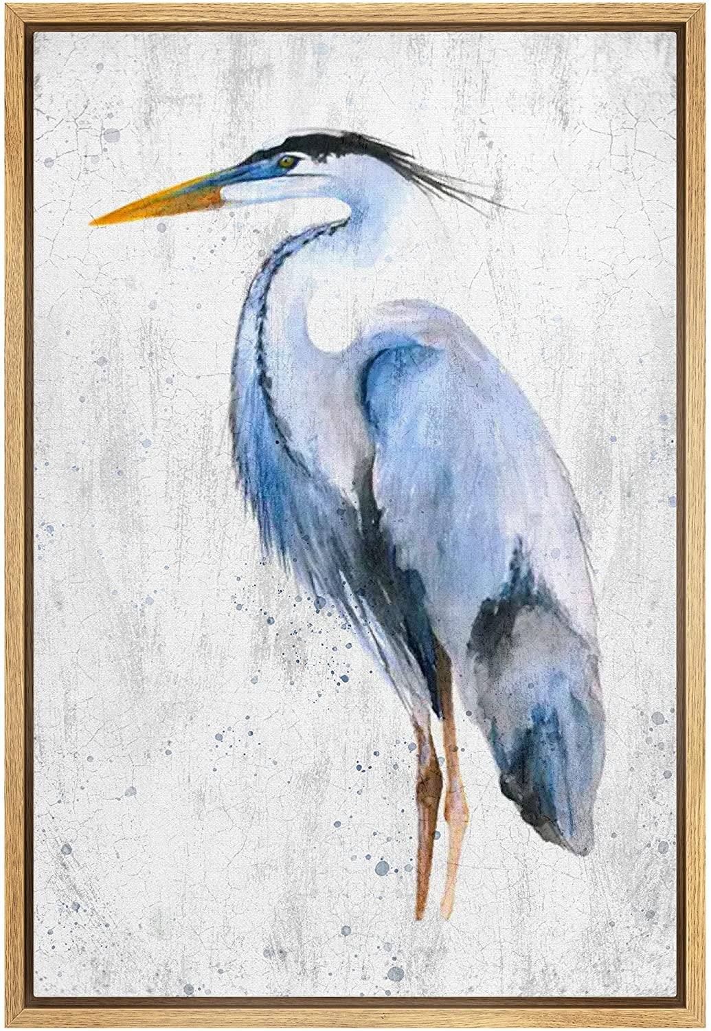 Pastel Blue Watercolor Heron Bird Canvas Art in Natural Frame