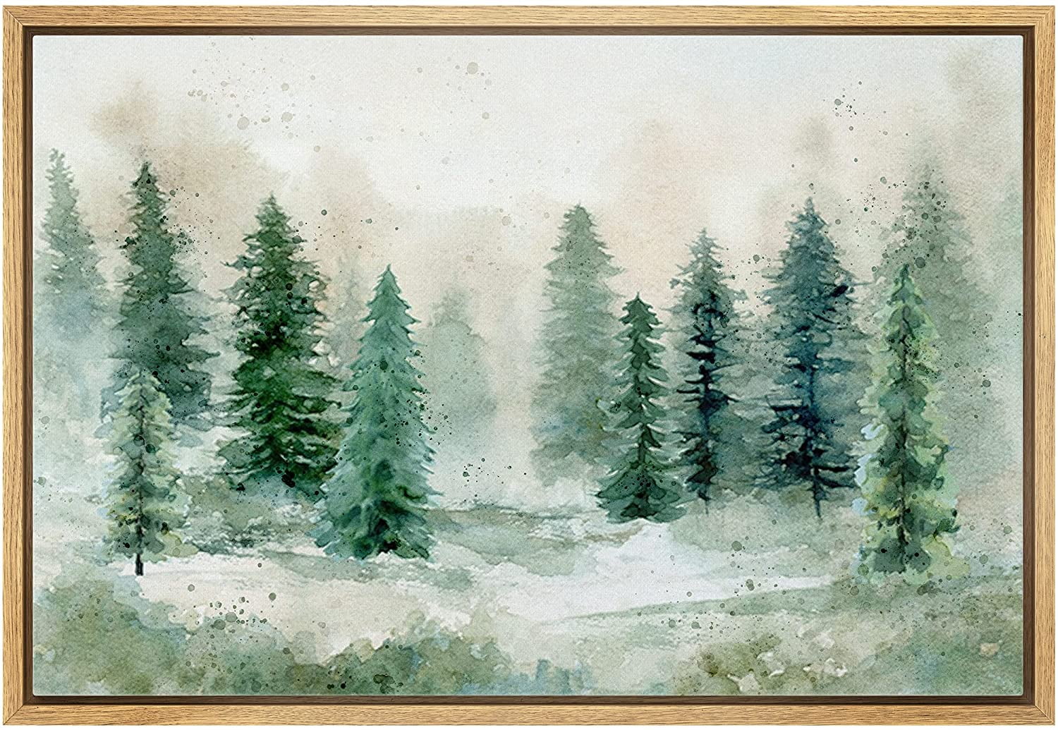 Natural Framed Pastel Green Pine Tree Forest Canvas Print