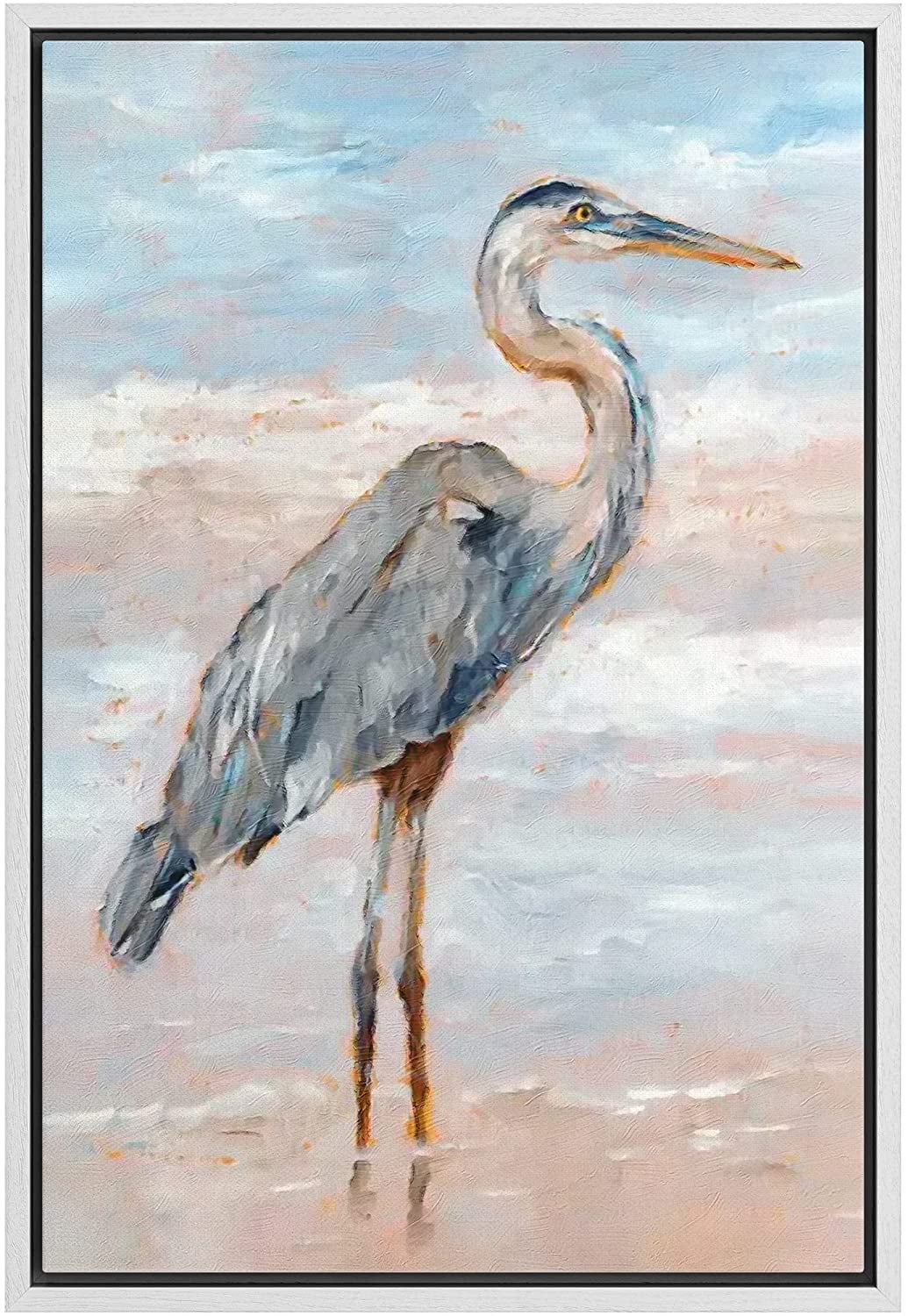 Modern White Framed Canvas Print with Crane Bird