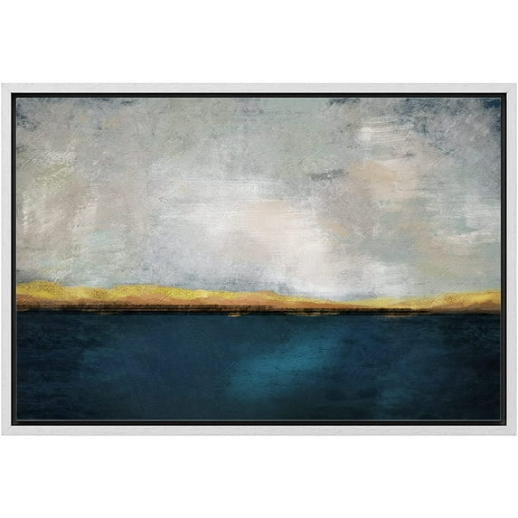 wall26 Framed Canvas Print Wall Art Pastel Teal Gold Gray Sky Minimal Landscape Abstract Shapes Illustrations Modern Art Decorative Contemporary for Living Room, Bedroom, Office - 24x36 White