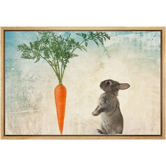 wall26 Framed Canvas Print Wall Art Rabbit with Carrot on Abstract Blue Background Animals Wildlife Digital Art Realism Rustic Scenic Nature for Living Room, Bedroom, Office - 16"x24" Natur