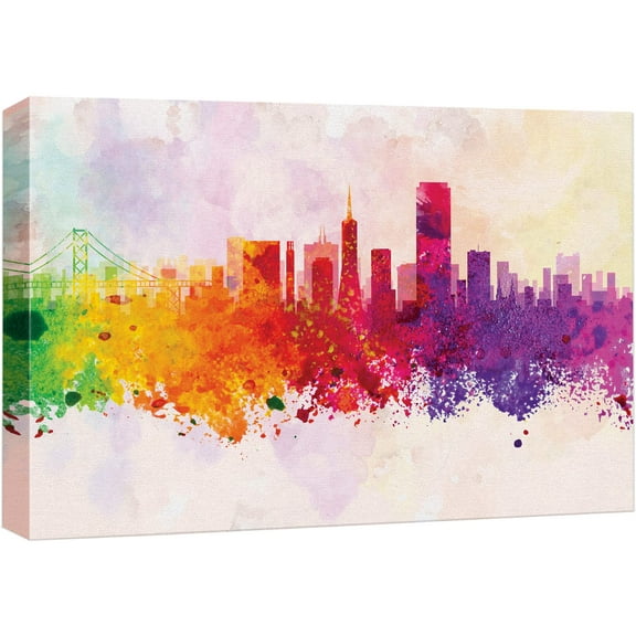 wall26 Framed Canvas Print Wall Art Rainbow Watercolor Explosion San Francisco Architecture & Maps Cities Digital Art Realism Modern Scenic Colorful for Living Room, Bedroom, Office - 12"x18