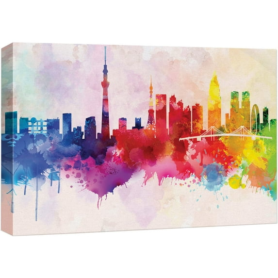 wall26 Framed Canvas Print Wall Art Rainbow Watercolor Explosion Tokyo, Japan Architecture & Maps Cities Digital Art Realism Modern Scenic Colorful for Living Room, Bedroom, Office - 16"x24&
