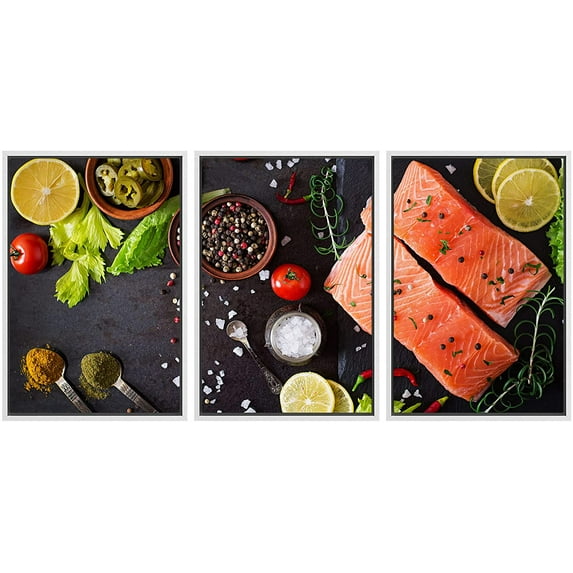 wall26 Framed Canvas Print Wall Art Raw Salmon, Spices, Lemons &amp; Peppers Food Culinary Photography Realism Decorative Natural Colorful Vibrant Diet for Living Room, Bedroom, Office - 24"x36&