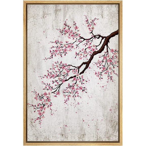 wall26 Framed Canvas Print Wall Art Retro Style Pink Cherry Blossom Tree Nature Wilderness Illustrations Modern Art Decorative Rustic Relax/Calm for Living Room, Bedroom, Office - 16"x24" N