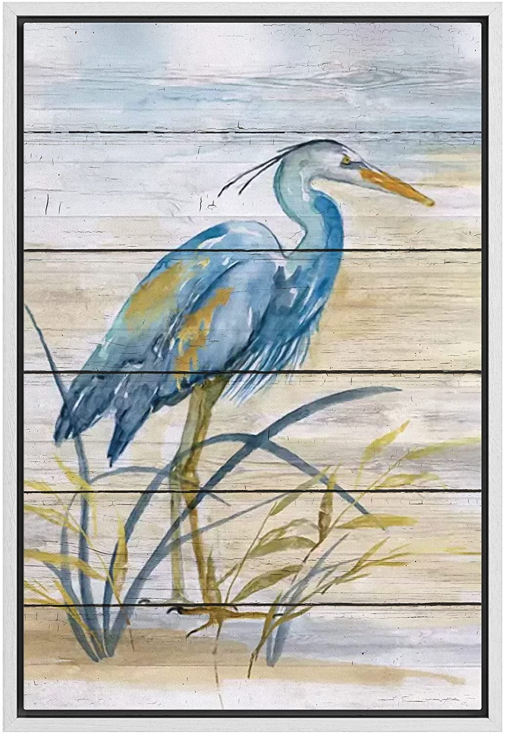 Framed Blue Heron Bird Canvas Art with White Floater Frame