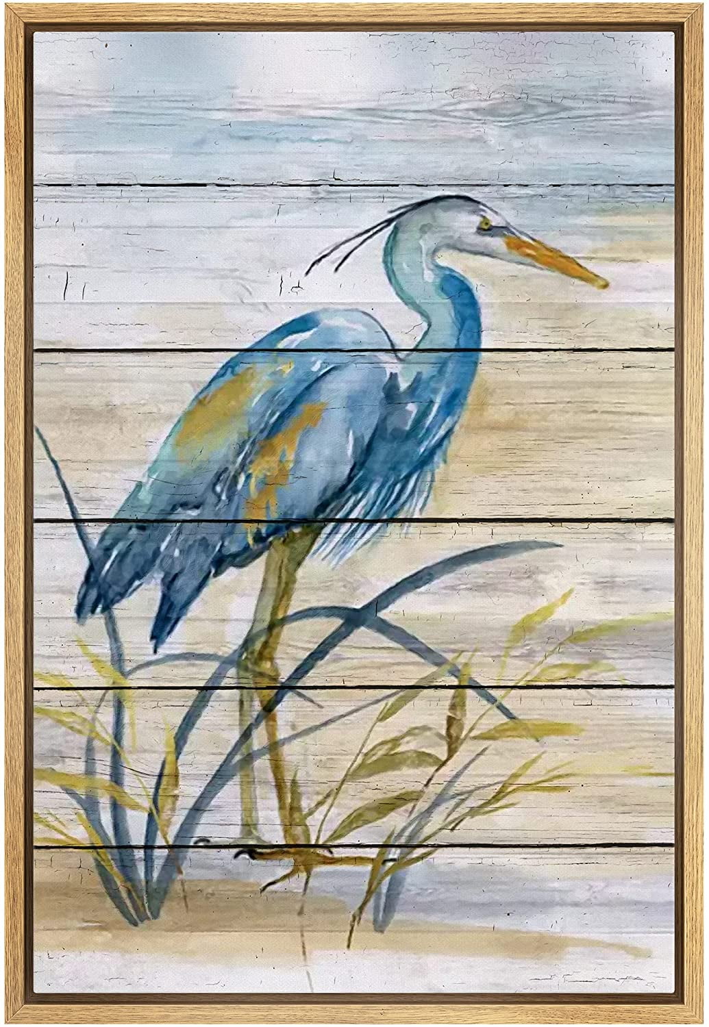 Blue Heron Bird on Natural Wood Panel Framed Canvas Art
