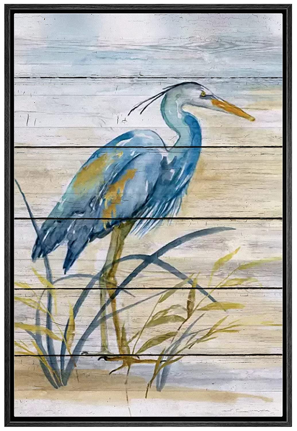 wall26 Framed Canvas Print Wall Art Retro Wood Panel Blue Beach Crane Bird Nature  Wilderness Illustrations Modern Art Decorative Rustic Relax/Calm for Living  Room, Bedroom, Office 16quot;x24quot;