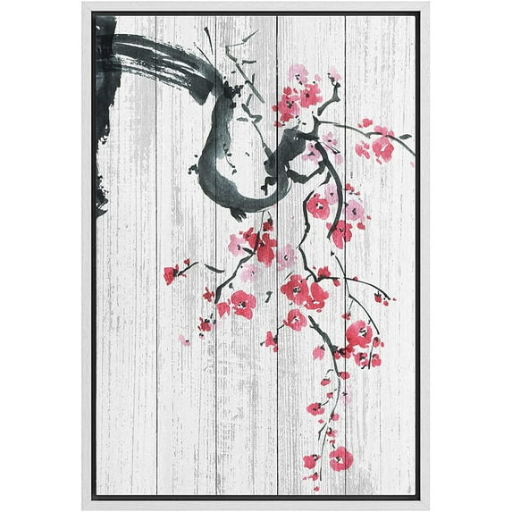 wall26 Framed Canvas Print Wall Art Retro Wood Panel Cherry Blossom Tree Nature Wilderness Illustrations Modern Art Decorative Rustic Relax/Calm for Living Room, Bedroom, Office - 16"x24" W