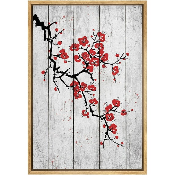 wall26 Framed Canvas Print Wall Art Retro Wood Panel Red Cherry Blossoms Nature Wilderness Illustrations Modern Art Decorative Rustic Relax/Calm for Living Room, Bedroom, Office - 16"x24" N
