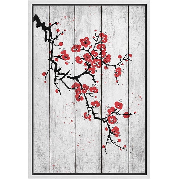 wall26 Framed Canvas Print Wall Art Retro Wood Panel Red Cherry Blossoms Nature Wilderness Illustrations Modern Art Decorative Rustic Relax/Calm for Living Room, Bedroom, Office - 16"x24" W