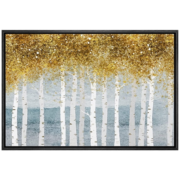 wall26 Framed Canvas Print Wall Art Rustic Gold Teal Pastel Autumn Fall Forest Landscape Nature Wilderness Illustration Modern Art Farmhouse/Country for Living Room, Bedroom, Office - 16"x24&quo