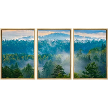 wall26 Framed Canvas Print Wall Art Set Aerial View Misty Mountain Forest Nature Wilderness Photography Realism Rustic Landscape Colorful Cool for Living Room, Bedroom, Office - 16&quot;x24&quot;x3 N