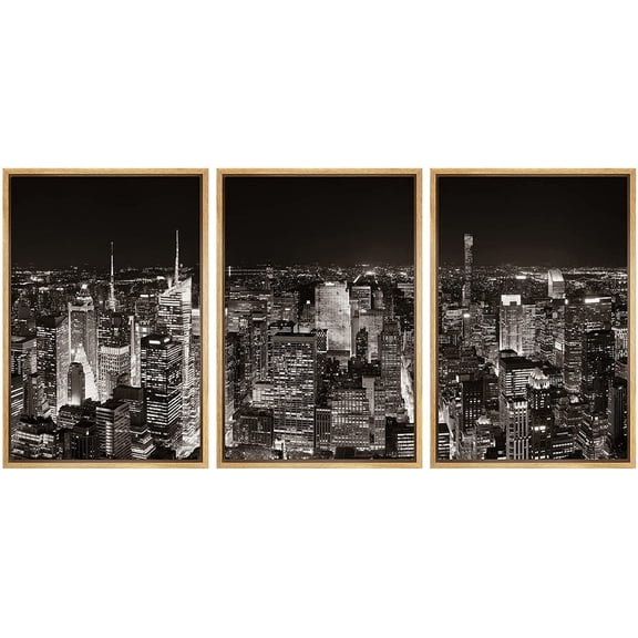 wall26 Framed Canvas Print Wall Art Set Aerial View of New York City Skyline Panorama Architecture &amp; Maps Cityscape Photography Realism Rustic for Living Room, Bedroom, Office - 24"x36"