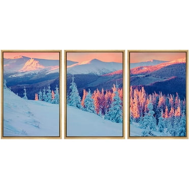 wall26 Framed Canvas Print Wall Art Set Aerial View Pastel Pink Snow Mountain Nature Wilderness Photography Realism Rustic Landscape Colorful Cool for Living Room, Bedroom, Office - 24&quot;x36&quot;