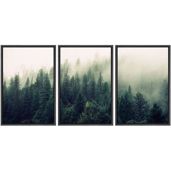 wall26 Framed Canvas Print Wall Art Set Aerial View of Pine Trees in Mist Nature Wilderness Photography Realism Rustic Scenic Colorful Travel Ultra for Living Room, Bedroom, Office - 16"x24"x3 Black