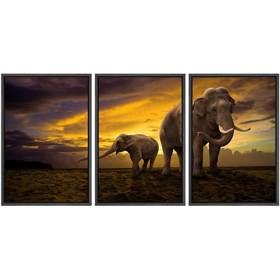 wall26 Framed Canvas Print Wall Art Set African Elephants in Dark ...