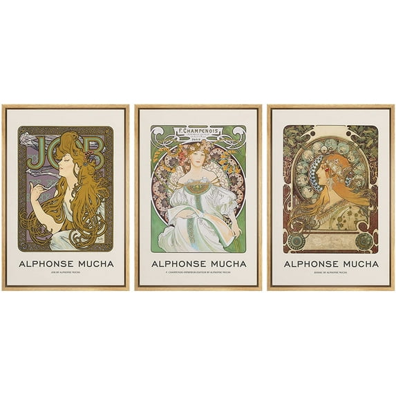 wall26 Framed Canvas Print Wall Art Set Alphonse Mucha Art Nouveau Floral Women Nature People Illustrations Fine Art Decorative Retro Portrait for Living Room, Bedroom, Office - 16"x24"x3 Natural