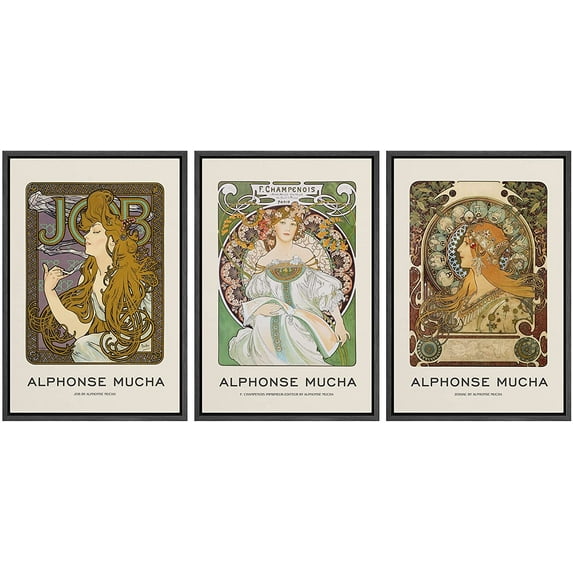wall26 Framed Canvas Print Wall Art Set Alphonse Mucha Art Nouveau Floral Women Nature People Illustrations Fine Art Decorative Retro Portrait for Living Room, Bedroom, Office - 24"x36"x3 B