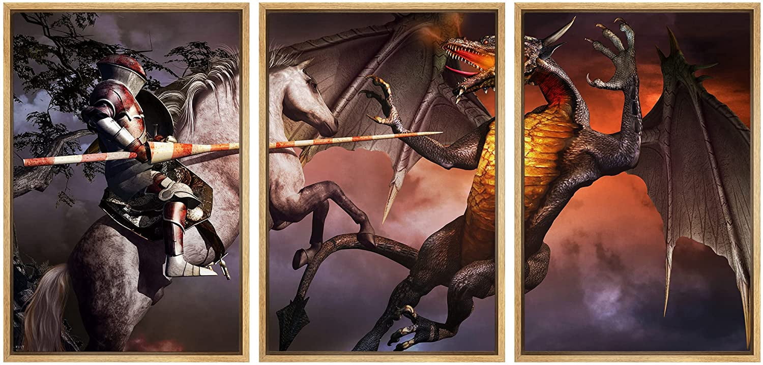 wall26 Framed Canvas Print Wall Art Set Armored Knight Jousting Magic ...