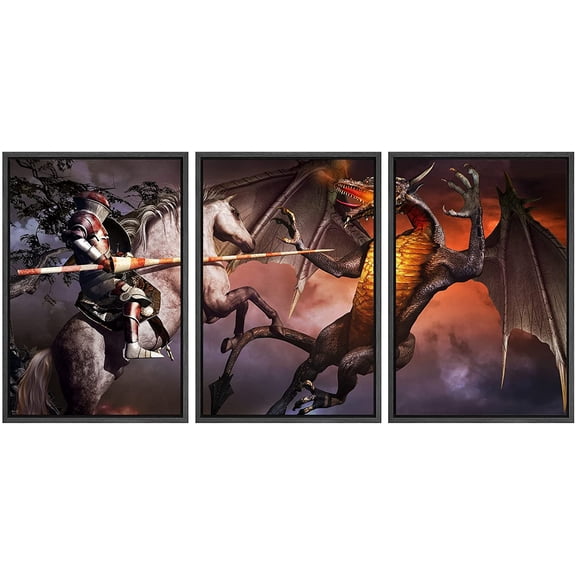 wall26 Framed Canvas Print Wall Art Set Armored Knight Jousting Magic Dragon Fantasy & Sci-Fi Fairy Tale Digital Art Pop Art Decorative Landscape for Living Room, Bedroom, Office - 16"x24&qu