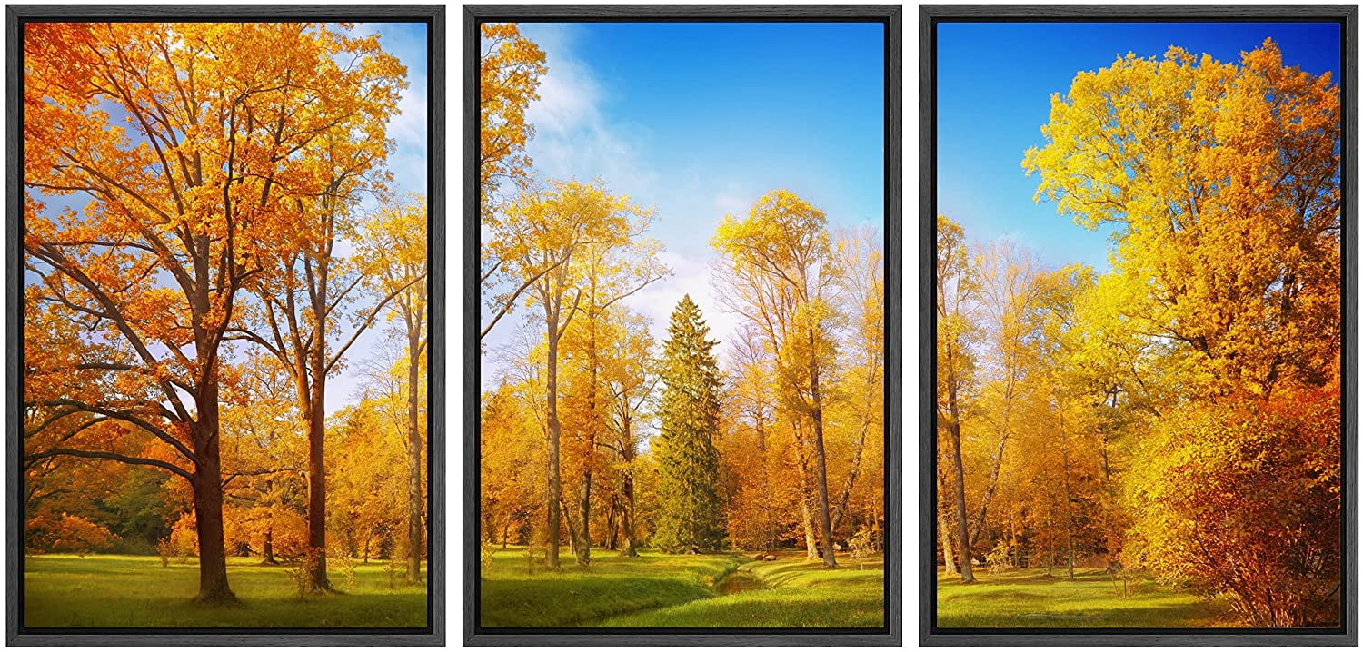 wall26 Framed Canvas Print Wall Art Set Autumn Orange Forest Tree Park ...
