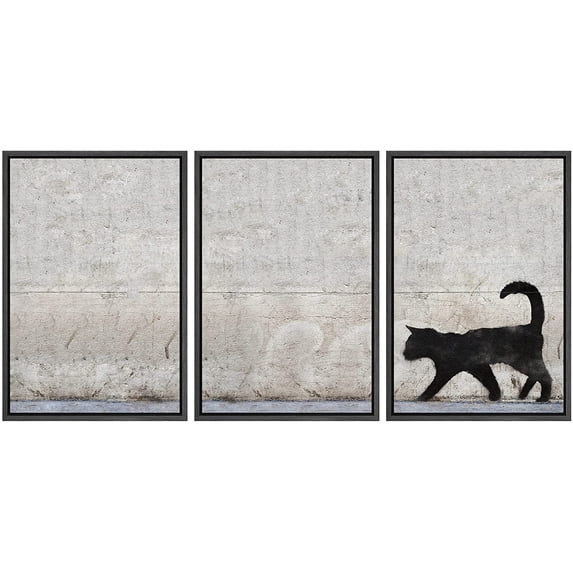 wall26 Framed Canvas Print Wall Art Set Black Cat Silhouette Triptych Graffiti & Street Art Cities Mixed Media Realism Scenic Urban Multicolor for Living Room, Bedroom, Office - 24"x36"