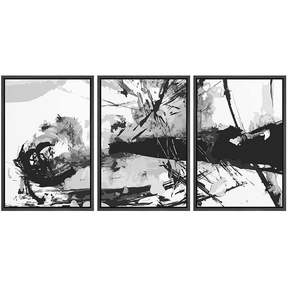 wall26 Framed Canvas Print Wall Art Set Black & Gray Watercolor Stroke Explosion Abstract Shapes Illustrations Modern Art Bohemian Dramatic for Living Room, Bedroom, Office - 16"x24"x3