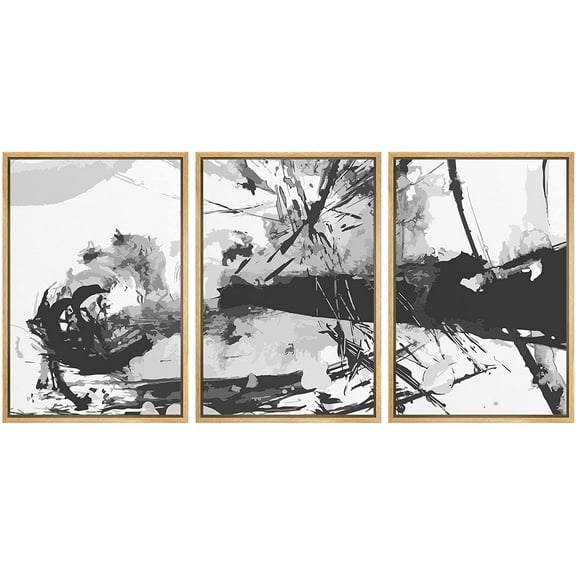 wall26 Framed Canvas Print Wall Art Set Black & Gray Watercolor Stroke Explosion Abstract Shapes Illustrations Modern Art Bohemian Dramatic for Living Room, Bedroom, Office - 24"x36"x3