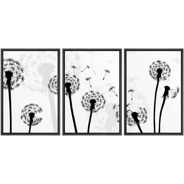 wall26 Framed Canvas Print Wall Art Set Black &amp; White Dandelions Blowing in Wind Nature Wilderness Digital Art Modern Art Rustic Scenic Colorful for Living Room, Bedroom, Office - 16&quot;x24&quo