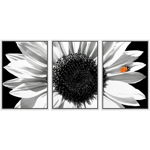 wall26 Framed Canvas Print Wall Art Set Black &amp; White Sunflower with Red Ladybug Floral Botanical Modern Art Rustic Colorful Ultra for Living Room, Bedroom, Office - 16&quot;x24&quot;x3 White
