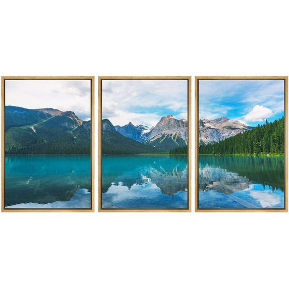wall26 Framed Canvas Print Wall Art Set Blue Cloudy Sky Mountain Forest Lake Nature Wilderness Photography Realism Rustic Landscape Colorful for Living Room, Bedroom, Office - 16"x24"x3 Nat