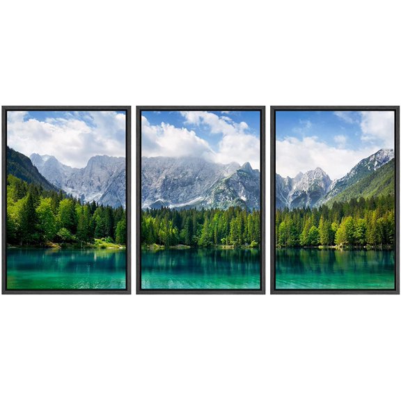 wall26 Framed Canvas Print Wall Art Set Blue Mountain with Emerald Forest &amp; Lake Nature Wilderness Photography Realism Rustic Scenic Relax/Calm for Living Room, Bedroom, Office - 24"x36&quot